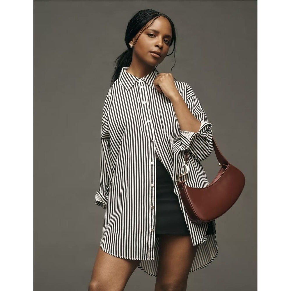 Maeve Bennet Buttondown Shirt S Black White Stripe Magnetic Snap Oversized Tunic